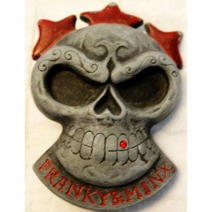 Franky and Minx Gray Skull Belt Buckle Red Stars Rhinestone Tooth Skeleton Head